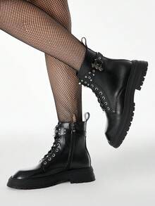 ROMWE Grunge Punk Women's Retro Punk-Style Platform Ankle Boots (Spring/Autumn) – Gothic Solid-Color Lace-Up Design With Metal Studs And Bat-Shaped Buckle Straps - Black - View 4