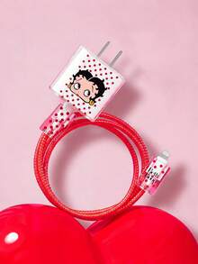 Betty Boop x SHEIN Cartoon Pattern Data Cable Protective Case, Suitable For IPhone Charger, Cute Cheese Pattern, 3-Piece Mobile Phone Data Cable Protective Case, Charger Protective Case (Excluding Data Cable) - Clear - View 1