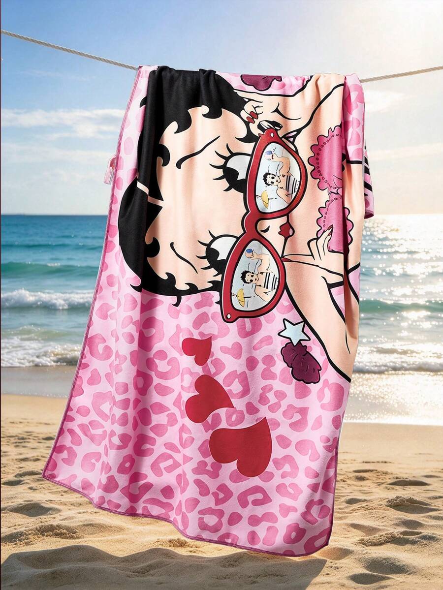 Betty Boop x SHEIN 1 Piece Cartoon Betty Print Bath Towel Beach Towel, Can Be Used For Beach Swimming - Pink - View 1