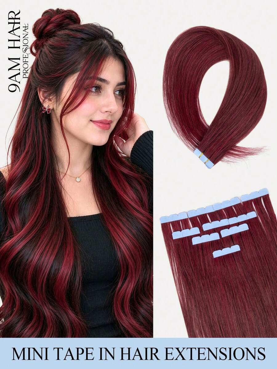 10Pcs Mini Tape In Human Hair Extensions,10-18inch Wine Red Color,Rainbow Highlight Colors For Party Halloween Cosplay Christmas Gifts Easy Apply Versatile Hairpiece,Ecure Fit Tape,Natural Looking Hairpiece, Salon Quality For Ceremonies,Dinners,Proms - SWine Red - View 1
