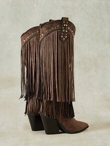 Styleloop Women's New Pointed Toe Rivet Brown Tassel Western Boots, Bohemian Vacation Style, Music Festival Outfit - dark brown - View 4