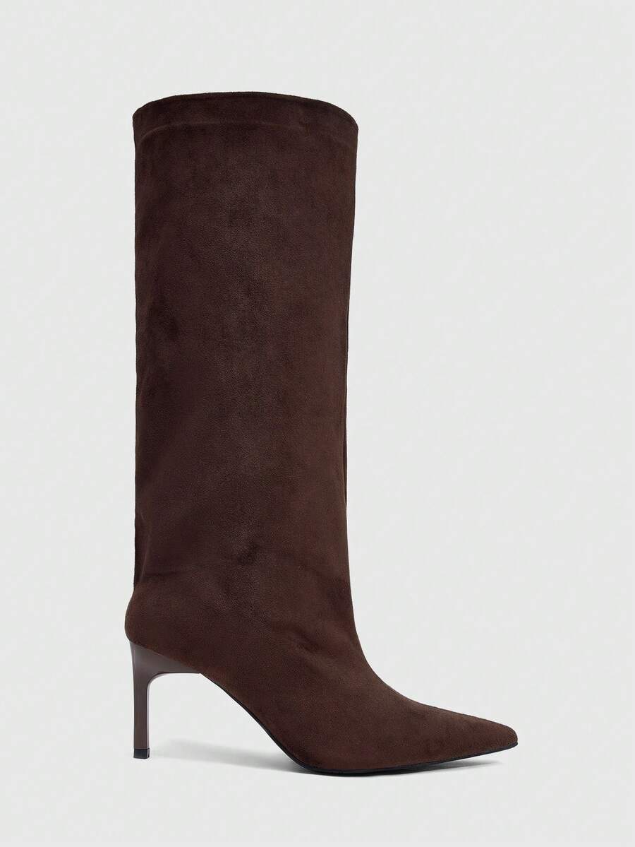 Daringsoles Women's New Pointed Stiletto Suede Wide Tube And Knee Boots - Coffee Brown - View 1