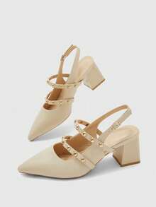 CUCCOO BIZCHIC Retro Rivet Double Strip Pointed Back Empty High Heel Shoes Apricot Coarse Heel Commuting Back Trip Strap Women's Shoes - Apricot - View 1