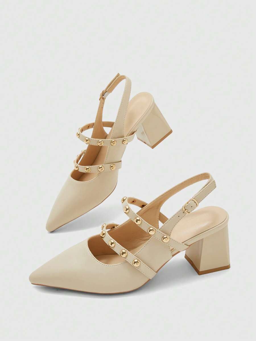 CUCCOO BIZCHIC Retro Rivet Double Strip Pointed Back Empty High Heel Shoes Apricot Coarse Heel Commuting Back Trip Strap Women's Shoes - Apricot - View 1