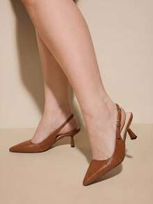 CUCCOO CURVES Wide Last Fattened Ladies Brown Woven Texture Embossed PU Pointed Toe Wine Glass Thin Heel Metal Buckle Back Strap Sandals Retro Commute - Woven brown - View 5