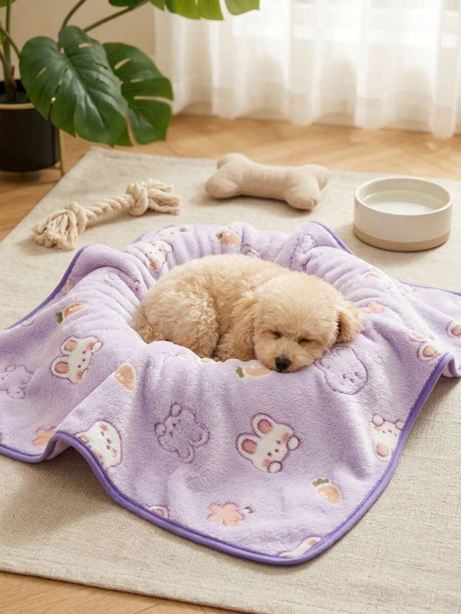 PETSIN 1件寵物貓狗通用紫色白色兔子可愛圖案印花毛絨四季通用狗毯 - 白色小兔淡紫底 - 查看 1