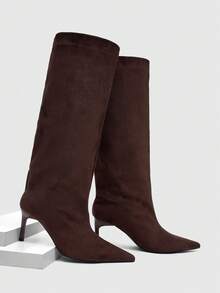 Daringsoles Women's New Pointed Stiletto Suede Wide Tube And Knee Boots - Coffee Brown - View 2