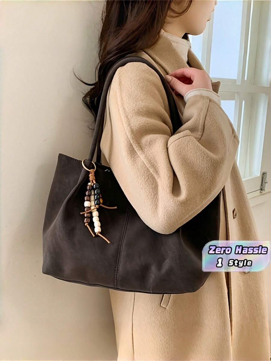 Women Retro Faux Suede Tote Bag With Bead Charm, Soft Large Capacity Shoulder Handbag For Fall Winter Commute - Multicolor - View 1