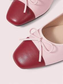 CUCCOO DOLLMOD Women's Bowknot Decorative Color-Matching Ballet Flats, Square Toe Color-Contrasting Toe Toe Slip-On Flats, Elegant Daily Office Women's Shoes - Soft pink - View 4