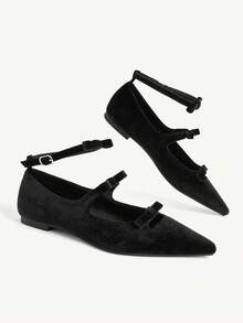 CUCCOO CHICEST French Retro Black Velvet Bow Pointed Flat Bottom Buckle With Women's Single Shoes - Black velvet - View 5