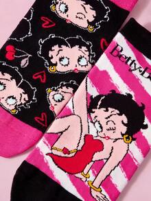Betty Boop x SHEIN 2双装女士舒适卡通图案短袜，加固趾部和脚跟，四季皆宜，可作礼物、亲吻、情人节礼物、卡通图案、礼品创意、派对、节日、情人节礼物 - 彩色 - 查看 3