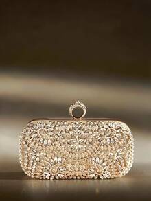 Soiraine Ladies Fashionable Luxury Exquisite Shining Gold Rhinestone Clutch Handbag Carry Dinner Bag, Elegant Wedding Party Ball Banquet - Gold - View 3