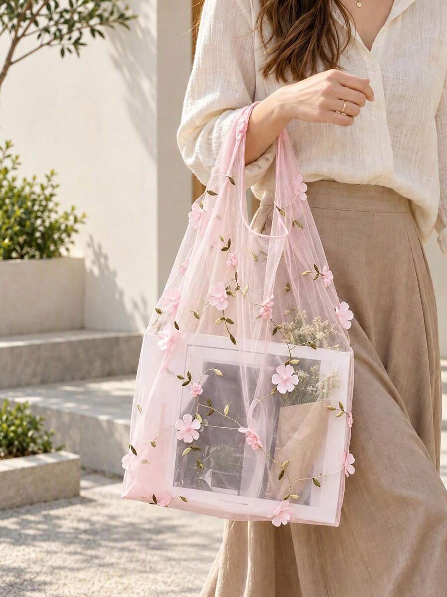 Haus Hana Mesh Embroidered Flower Handbag, Fairy Style Summer Cute Fresh Mesh Tote Bag, Portable Handheld Mesh Pouch - Multicolor - View 1