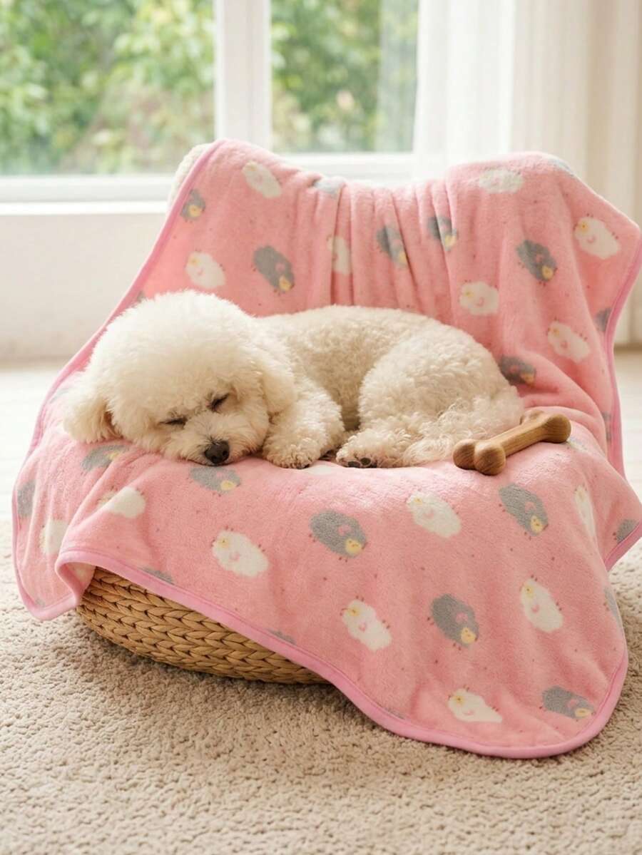 PETSIN 1件裝可愛小羊圖案粉色底寵物毯,柔軟舒適法蘭絨保暖寵物床墊蓋 - 白色灰色小羊圖案 - 查看 1