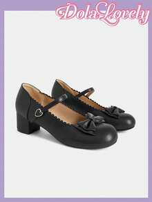 Dola Lovely Ladies, Matte Texture, Black, Round Toe, Elegantly Decorated Bow, Lolita, High Heels. - Black PU - View 7