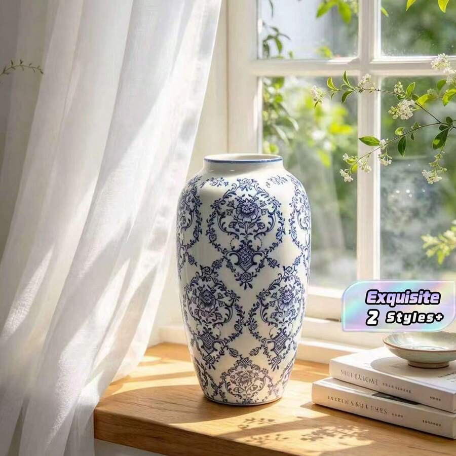 Vintage Blue And White Porcelain Ceramic Vase, Ideal For Home Living Room - Vase - View 1