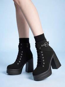 Sugerpunk Women's Punk-Style Retro Block-Heel Platform Ankle Boots – Gothic Solid-Color Design With Metal Eyelets,Buckle Straps,Side Zippers,And Lace-Up Closure - Black - View 6