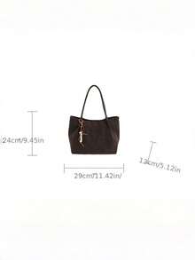 Women Retro Faux Suede Tote Bag With Bead Charm, Soft Large Capacity Shoulder Handbag For Fall Winter Commute - Multicolor - View 3