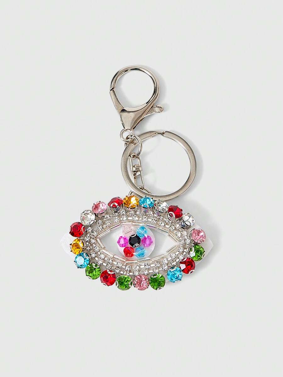 ROMWE Grunge Punk Metal Hollow Colored Rhinestone Evil Eye Key Pendant, Multi-Colored Colored Diamond Surround Contrasting Big Eye Modeling Bag Buckle - color - View 1