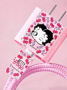 Betty Boop x SHEIN 3 Pcs Data Line Protective Cover, Suitable For IPhone Charger, Cherry Printing Pattern, Charger Protective Cover (Without Data Line) - Pink - View 4
