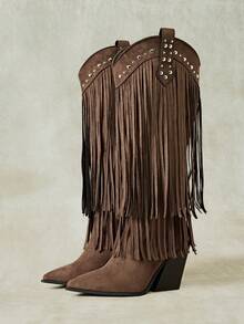Styleloop Women's New Pointed Toe Rivet Brown Tassel Western Boots, Bohemian Vacation Style, Music Festival Outfit - dark brown - View 2