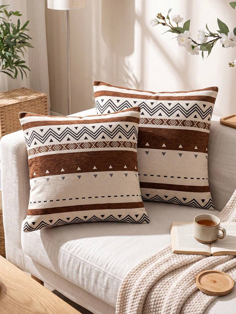 1 Piece, Chenille Jacquard Pillow Cover, Brown Wavy Pattern, Warm And Comfortable, Zipper Seal, Without Pillow Core, Suitable For Autumn, Winter And Room Decoration. - Brown - View 1