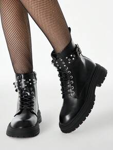 ROMWE Grunge Punk Women's Retro Punk-Style Platform Ankle Boots (Spring/Autumn) – Gothic Solid-Color Lace-Up Design With Metal Studs And Bat-Shaped Buckle Straps - Black - View 2