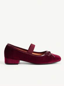 CUCCOO CHICEST Velvet Mary Jane Coarse Heel Women's Shoes, Square Toe Bow Decorative Elastic Strap Vintage Party Heels - Cherry red - View 3