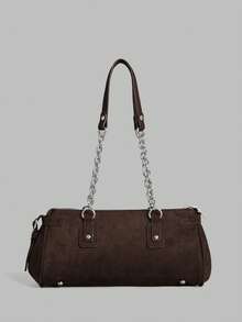Ontre Women's Fashion Retro Brown Imitation Suede Shoulder Bag, Metal Chain Shoulder Strap Buckle Decoration, For Daily, Commuting, Shopping, Travel - Dark coffee - View 3
