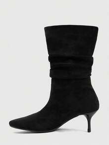 Daringsoles Autumn And Winter Suede Pleated Thin Heel Square Toe But Knee Mid-Boots - Black 1 - View 5