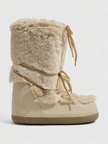 CUCCOO SZL Light Apricot Full Plush Splicing Medium Tube Snow Boots Women's, Surrounding Drawstring Round Toe Thickened Flat Bottom Simple Outdoor Boots - Light apricot - View 13