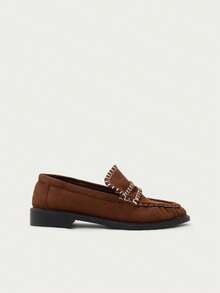 Nöista Classic Penny Loafer In Soft Faux Suede With Contrast Stitching, Apron Toe And Flexible Sole For Everyday Comfort. - Brown - View 3