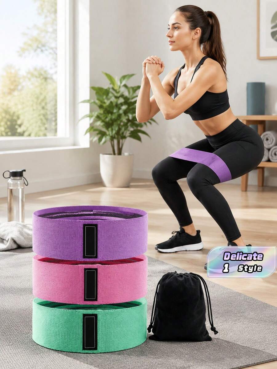 3 PiecesResistance Band Set, Non-Slip Elastic Exercise Bands For Legs, Body Stretching, Workout, Yoga, Made Of Fabric, Multiple Colors (Pink, Purple, Green), Multi-Level Tension, Squat Booty Resistance Loop Bands For Fitness, Yoga - Multicolor - View 1