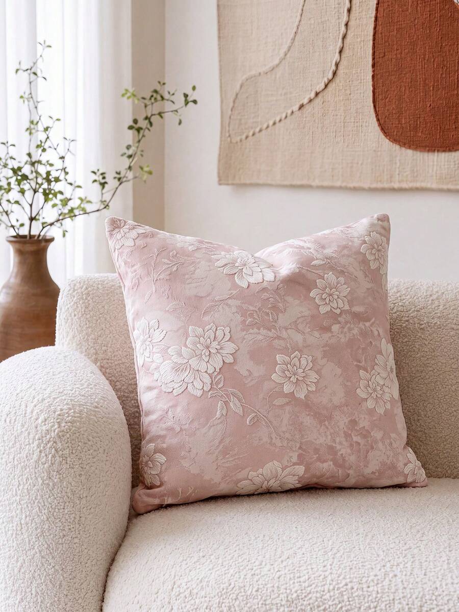1 Piece, Chenille Pillow Cover, Pink Peony Pattern, Warm And Comfortable, Zipper Seal, No Pillow Core, Suitable For Autumn, Winter And Room Decoration. - Pink - View 1