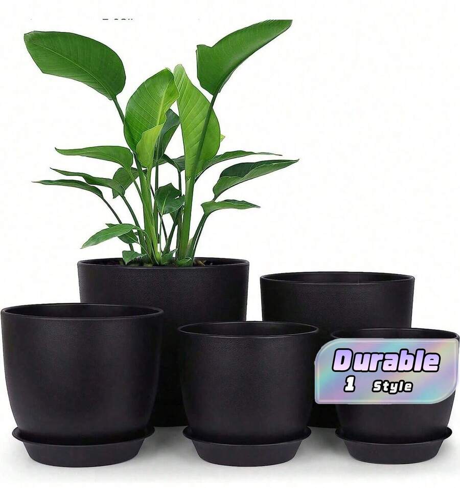 5件組塑膠植栽盆套組，包含5組不同尺寸的現代風塑膠花盆，每盆附排水孔與托盤，適用於多肉植物、龍舌蘭、堇菜等室內外盆栽植物 - 黑色 - 查看 1