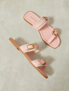Styleloop French Maillard Style Double Gold Buckle Sandals Soft Sole Non-Slip Flat Roman Shoes Summer Wear Versatile Belt Shoes - Lotus root pink T - View 8