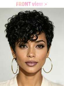 Chic Curly Pixie Cut Wig With Bangs Real Human Hair Short Curly Wave Wig 1B Black Color, 4# Brown Color, 99J Burgundy Color None Lace Front Rose Net Cap Breathable, Perfect For Daily Use, Curly Hair Texture Stylish Haircut Throw On And Go Wig - Multicolor - View 10