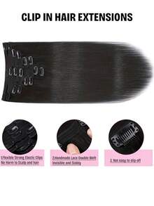 220G 8pcs/Set Remy Human Hair Straight Clip In Hair Extensions - Natural Black Color - 14-26 Inch Available - Full Head For Women Halloween Party Hairstyle - Natural Black - View 10
