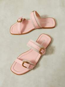 Styleloop French Maillard Style Double Gold Buckle Sandals Soft Sole Non-Slip Flat Roman Shoes Summer Wear Versatile Belt Shoes - Lotus root pink T - View 9