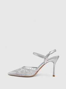 CUCCOO SZL Women's Embroidered Rhinestone Mesh Pointed Stiletto Ankle Strap Sandals Silver Bridal Evening Heels - Silver - View 3