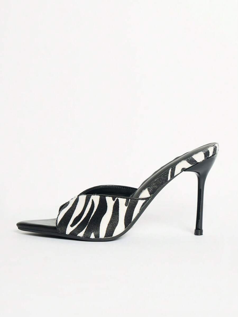 MUSERA Zebra Print Open Toe Heeled Mule Autumn Winter Fall Coolgirl Style Halloween Christmas New Year Cute Rave Festival Party Disco Sexy - Black and White - View 1