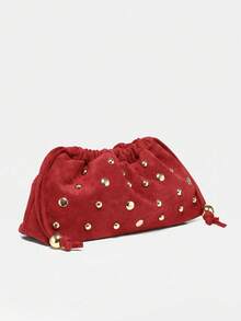 Maija Tas Clutch Wanita Modis, Elegan, Sederhana, dengan Hiasan Rivet Emas, Bahan Suede Merah, dan Tali, Cocok untuk Aktivitas Sehari-hari, Kencan, Pesta, dan Minum Teh Sore. - merah terang - View 4
