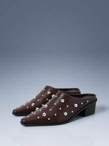 CUCCOO GRLICON European And American Style Rivet Thick Heel Bag Head Half Drag Women's Shoes Retro Muller Drag - Dark brown rivets - View 4