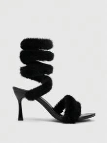 CUCCOO SZL Women's Spiral Plush Buckle Stilettos, Open-Toe Lace-Up High-Heeled Sandals, Suitable For Parties Or Club Activities - Black - View 3