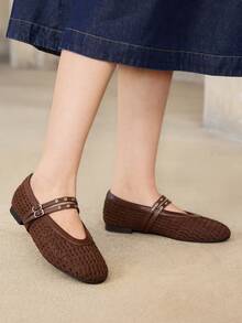MOTF PREMIUM WOMEN WOVEN MARY JANE FLATS, HOLLOW BREATHABLE MESH FLAT SHOES, DOUBLE BUCKLE STRAP SQUARE TOE CASUAL DRESS SHOES FOR DAILY WEAR - Coffee brown suede - View 6
