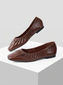 MOTF PREMIUM VINTAGE BROWN RUCHED SQUARE TOE FLAT SHOES WOMEN SOFT LEATHER SLIP ON BALLET FLATS CASUAL DAILY WEAR COMFORT WALKING LOAFERS FALL SHOES - Brown - View 9