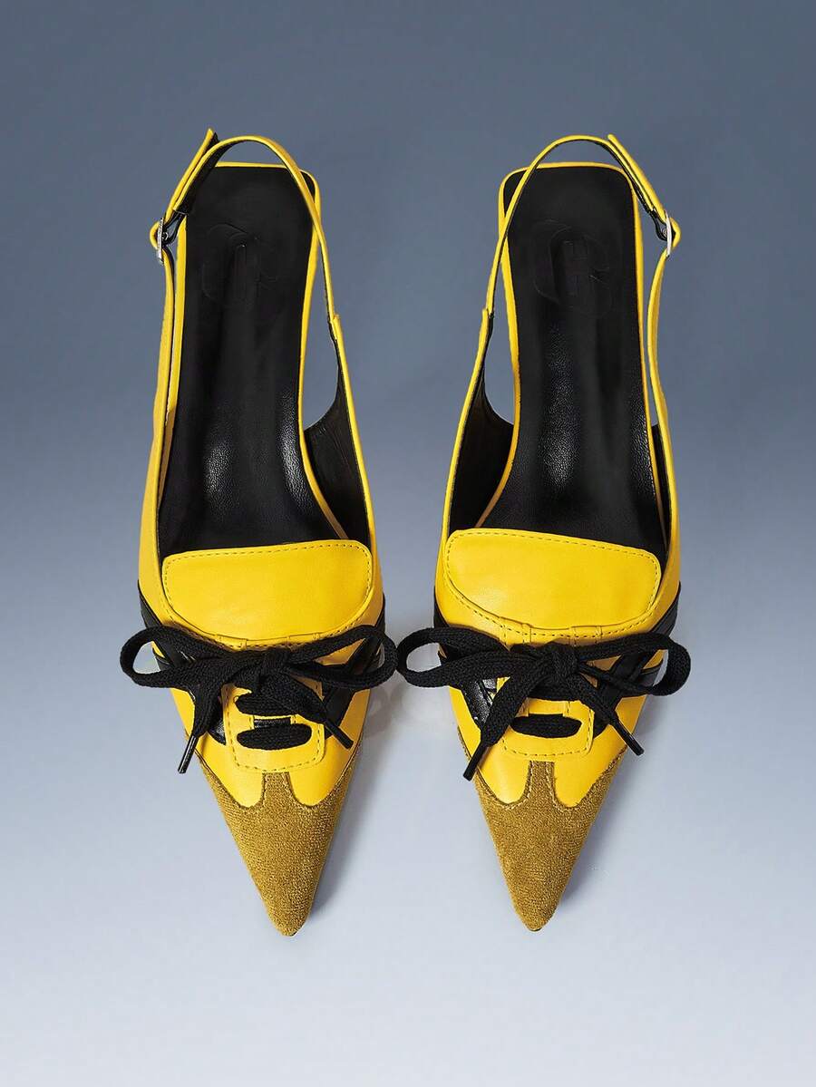 CUCCOO GRLICON Strap Design Color Matching Pointed Kitten And Locomotive Style Yellow PU Leather Women's High-Heeled Single Shoes Fashionable, Outdoor - Yellow - View 1