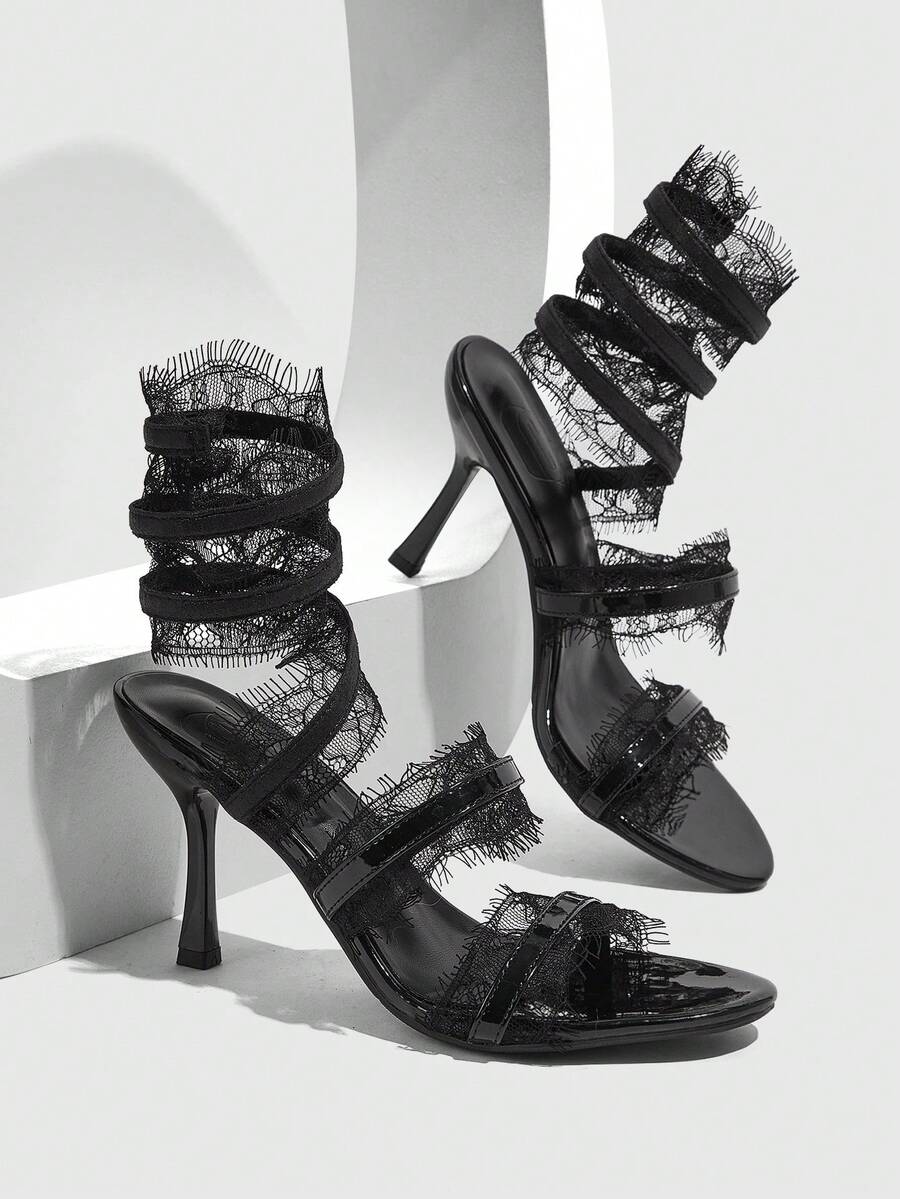 CUCCOO SZL Party-Style Stiletto Sandals, Women's Open-Toed Lace Ankle Straps, High-Heeled Sandals For Dating Parties - Black - View 1