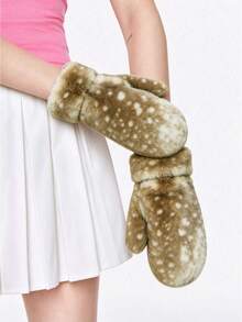 ROMWE Kawaii 1 Pair Punk Style Leopard Fluffy Gloves, Y2K Fuzzy Warm Gloves For Winter - Deer 3 - View 2