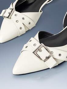CUCCOO GRLICON Cross Multi-Buckle Design Pointed Flat Sandals White PU Leather Versatile Low-Heeled Single Shoes Women, Suitable For Commuting And Office - White - View 6